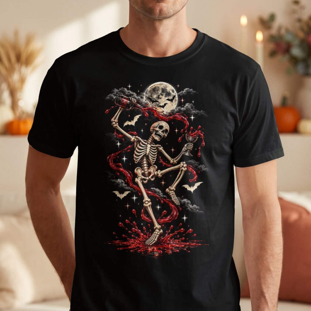 Dancing Skeleton Wine Graphic T-Shirt