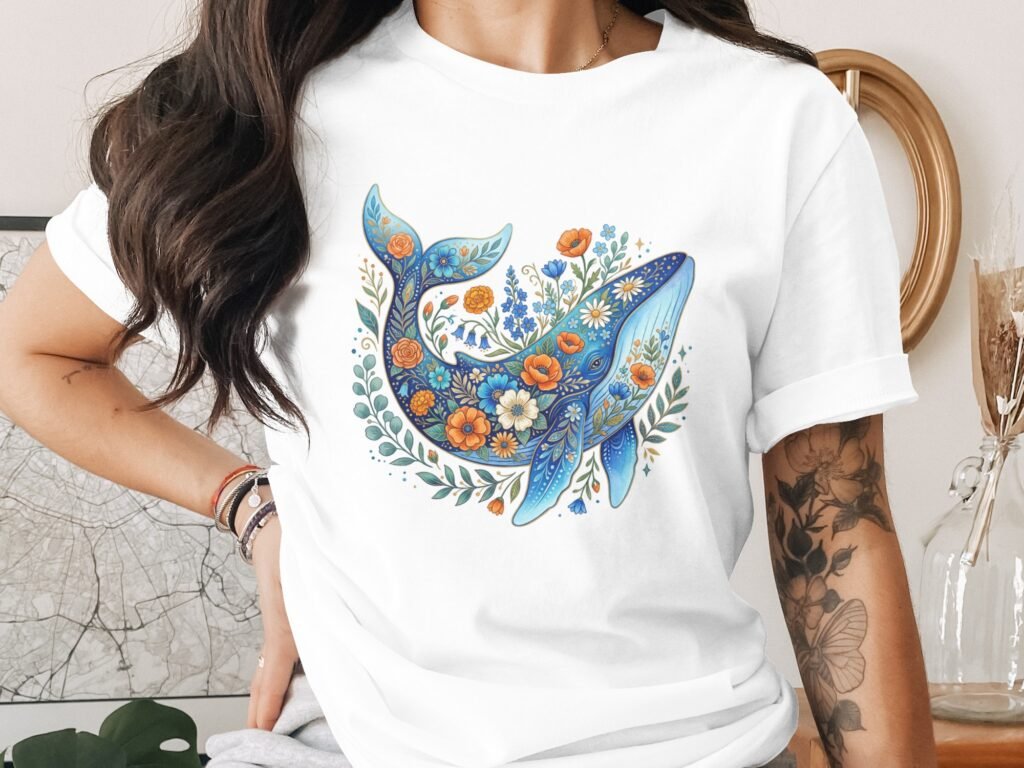 Floral Whale T-Shirt - Botanical Ocean Folk Art