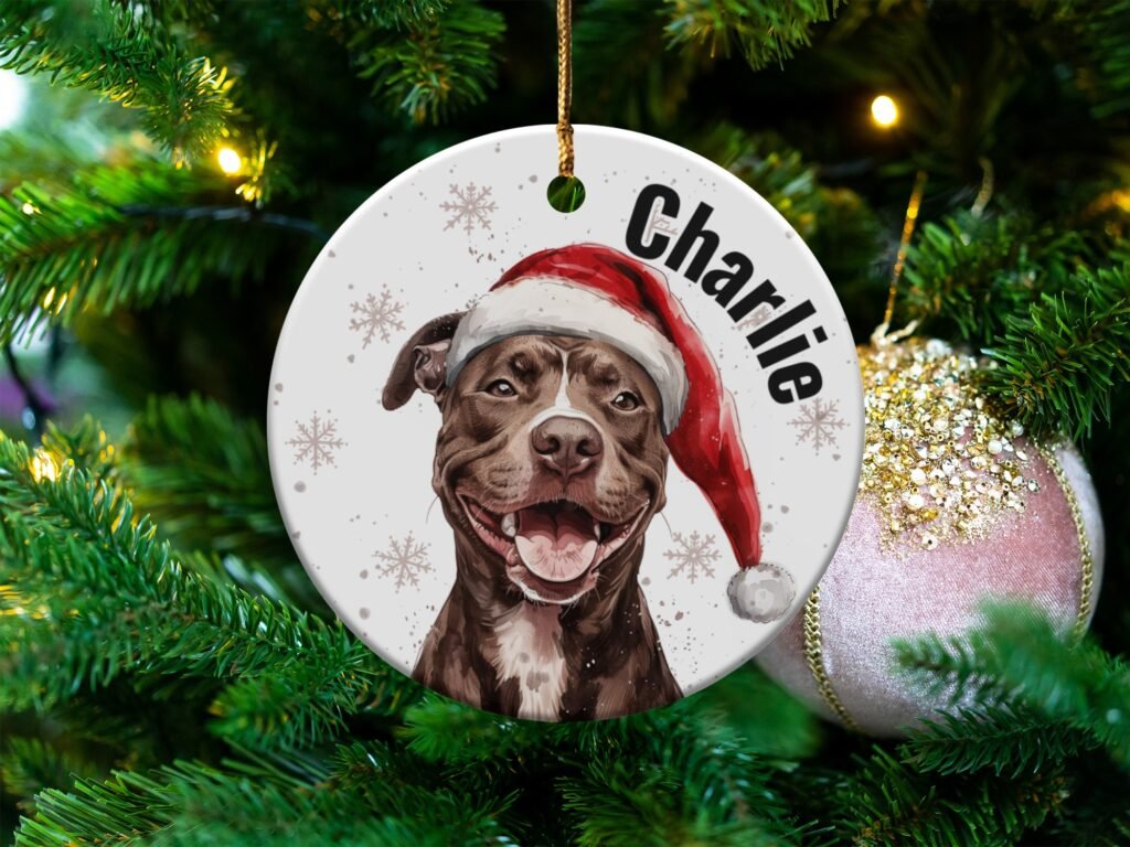 Festive Pitbull Christmas Holiday Ornament