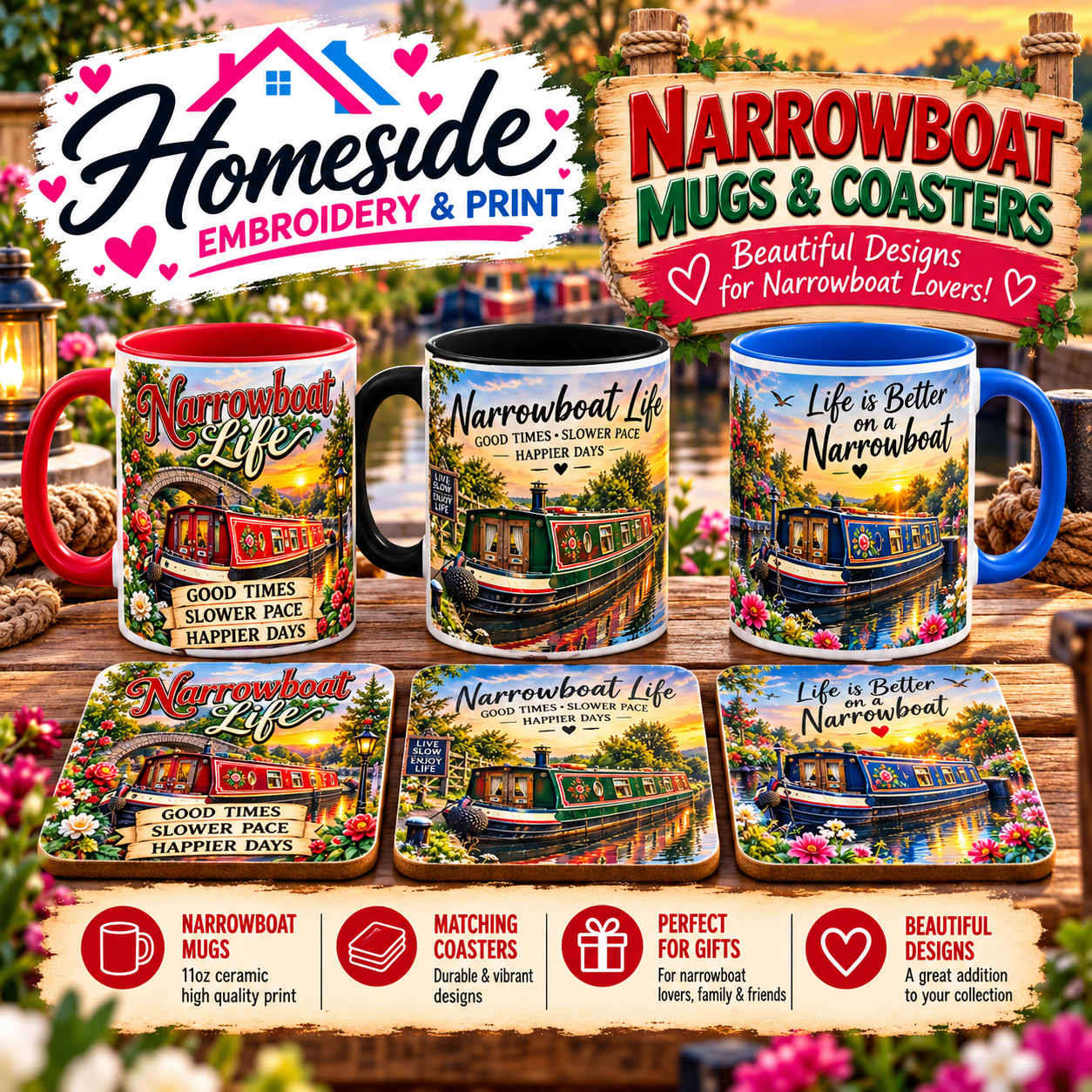 narrowboat mugs and coasters