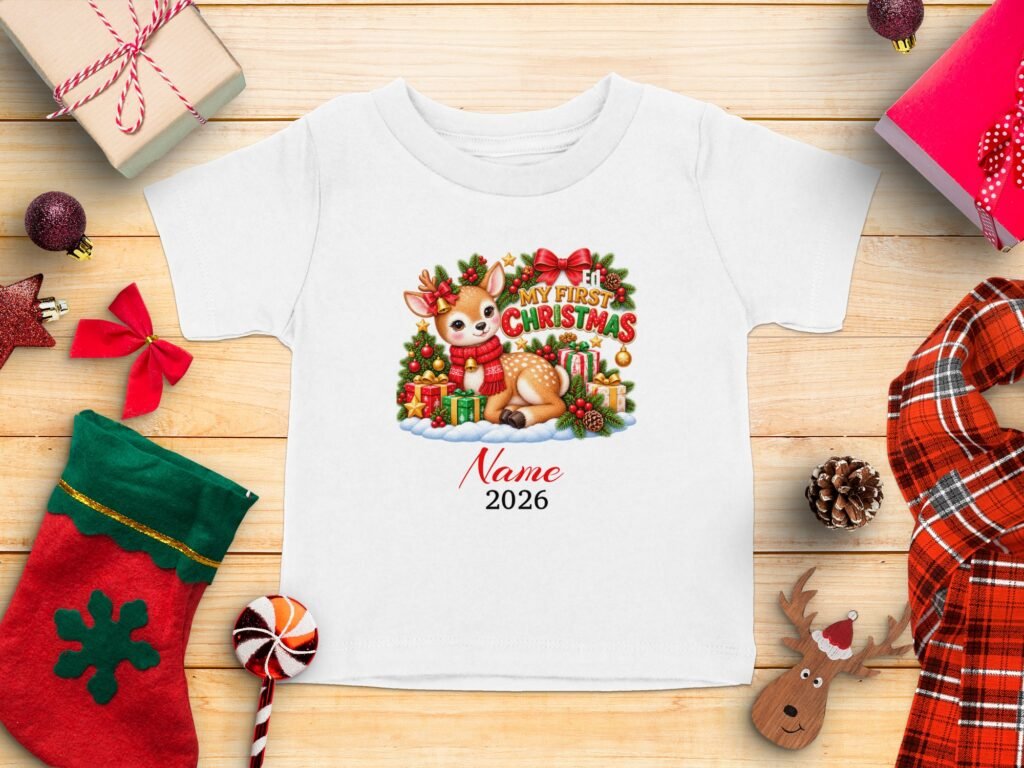 Custom Baby First Christmas Deer T-Shirt